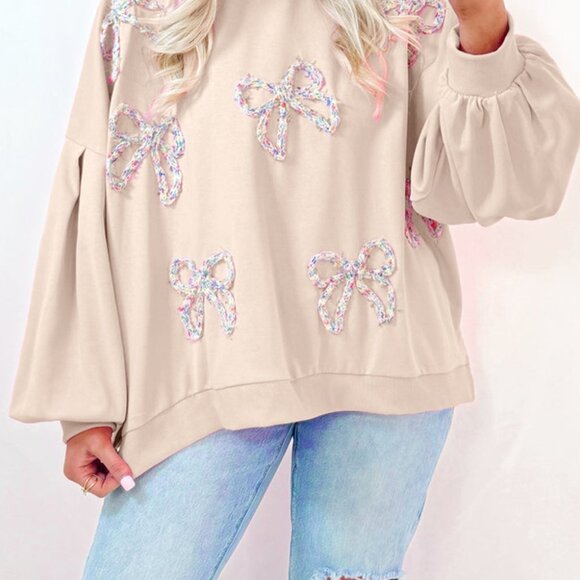 Parchment Embroidered Bow Lantern Sleeve Oversized Pullover Sweatshirt - Picture 3 of 6